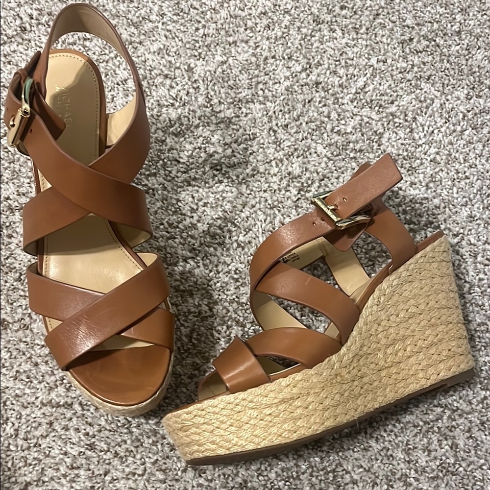 Michael Kors Brown Leather Wedge Sandals with Espadrille Heel